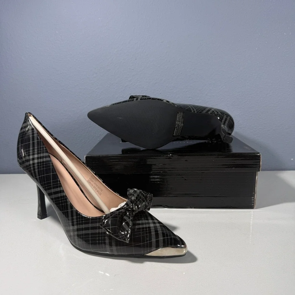 New York & Company Wendy Metal Accent Bow Pump Black Grey Plaid Stiletto Size 9‎